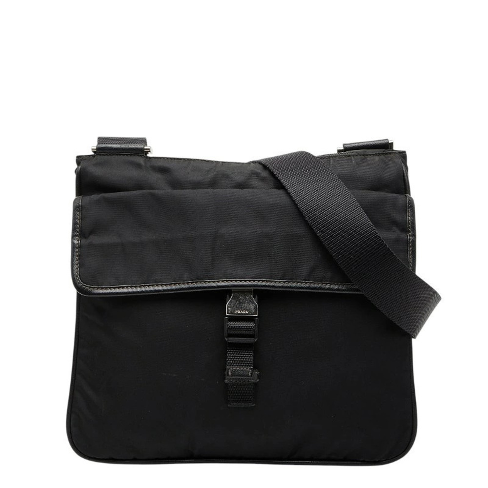 Prada Triangle Plate Shoulder Bag Black Leather